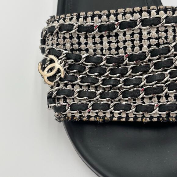 Chanel CC Chain Slide Sandals Flat Canvas Slip On Shoes Black Tweed Size 38 - Picture 6 of 14